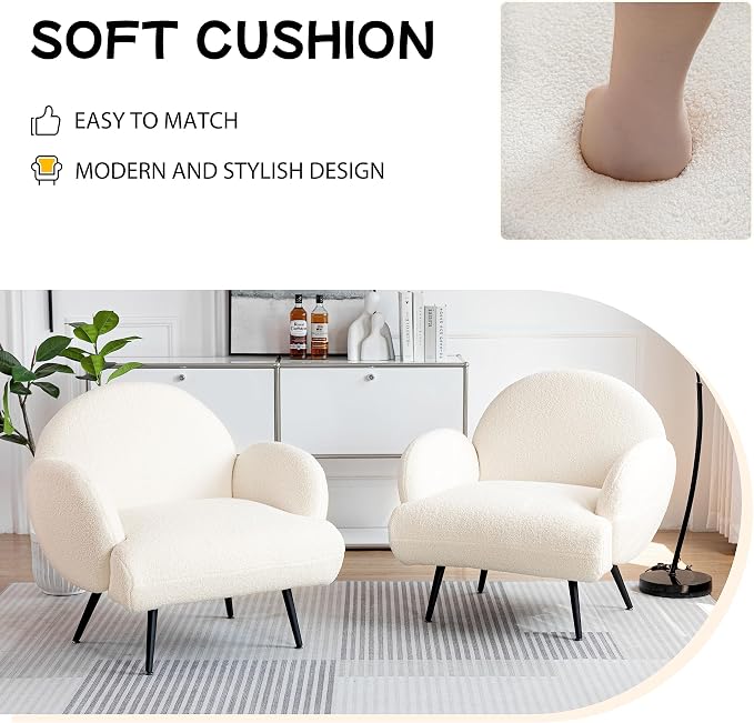 Accent Chair White with Black Metal Legs,Reading Chair for Bedroom Comfy, Boucle Sherpa Chair for Living Room, Bedroom