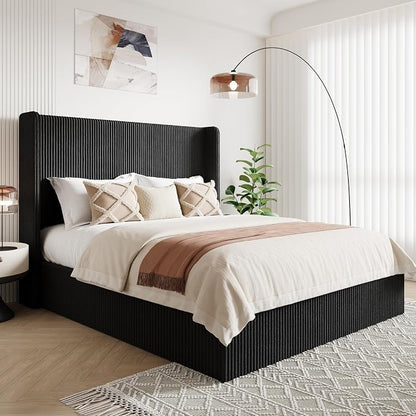 Allewie Full Lift-Up Storage Bed Frame with Modern Wingback Headboard, Corduroy Upholstered Platform Bed, Hydraulic Gas Lift Support, Underbed Storage, Wooden Slats, No Box Spring Needed, Black