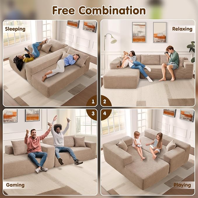 ovios 104" Cloud Boneless Couch with L-Shape Chaise,Modern Sectional Modular Sofa with Deep Seat, Upholstered Couches for Living Room Bedroom,No Assembly Required, Camel (Corduroy Fabric)