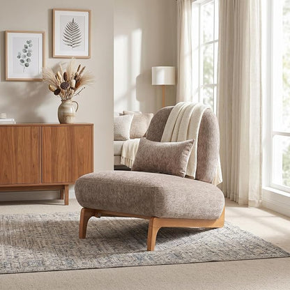 Merax Linen Accent Chair with Curved Wood Base and Lumbar Pillow, Espresso + Natural