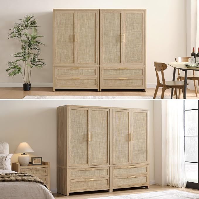 SICOTAS Rattan Armoire Wardrobe Closet Cabinet, 71" Wardrobe Storage Cabinet with 2 Drawers, and Hanging Rod, Boho Large-Capacity Deep Armoire Clothes Organizer for Bedroom, Cloak Room, Light Oak