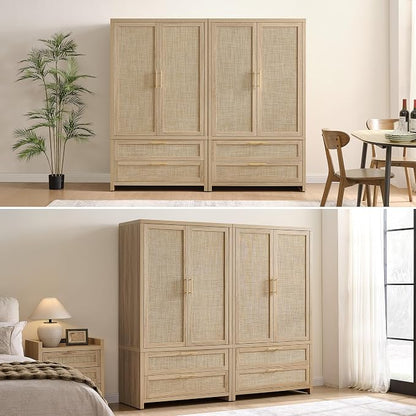 SICOTAS Rattan Armoire Wardrobe Closet Cabinet, 71" Wardrobe Storage Cabinet with 2 Drawers, and Hanging Rod, Boho Large-Capacity Deep Armoire Clothes Organizer for Bedroom, Cloak Room, Light Oak