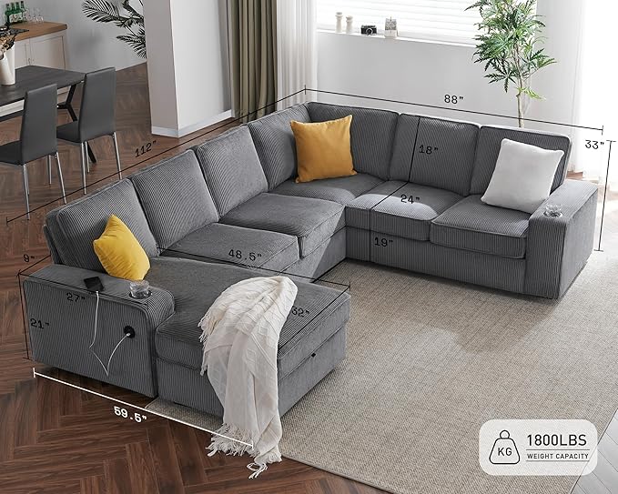 AMERLIFE 112 Inch U Shaped Couch, Oversized Couch with Storage Chaise & Cup Holders, Sectional Sofa with USB & Type-C Charging Ports, Corduroy Grey