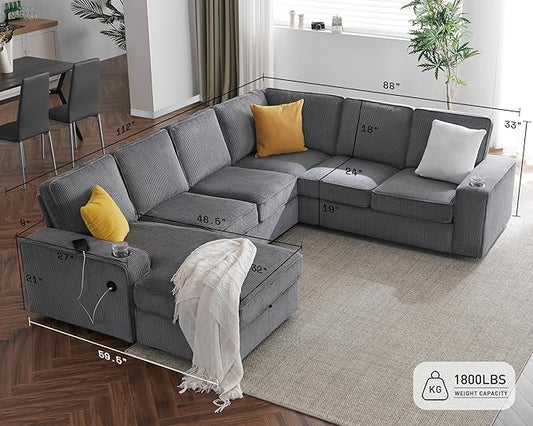 AMERLIFE 112 Inch U Shaped Couch, Oversized Couch with Storage Chaise & Cup Holders, Sectional Sofa with USB & Type-C Charging Ports, Corduroy Grey