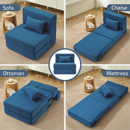 SUYOLS Folding Sofa Bed with Pillow- Convertible Chair Floor Couch & Sleeping Mattress, Foldable Memory Foam Sleeper for Living Room/Dorm/Loft, Single26 Width, Indigo