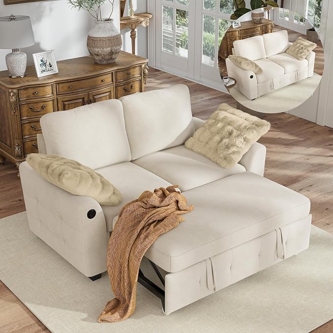 Hanherry 59" Loveseat Sofa with Pull Out Couch Bed, Chenille 2-in-1 Convertible 2 Seater Sleeper Sofa with USB Charging,Comfy Love Seat for Small Spaces Living Room Apartment