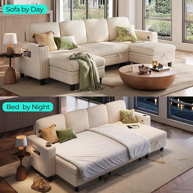 LINSY HOME Pull Out Sofa Bed Sectional Sleeper Sofa with Storage, Plush Corduroy Pullout Modular Sectional Couches for Living Room, U Shaped Convertible Couch Bed for Apartment (Beige)