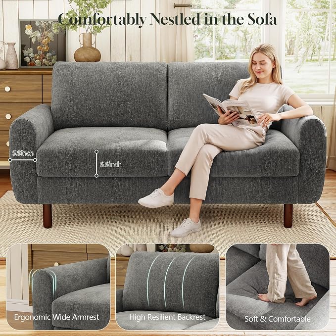WorthFurni 68" Loveseat Sofa, Comfy Chenille Fabric Couches for Living Room with Spring Cushion and Solid Wood Frame, Modern Deep Seat Couch for Bedroom, Apartment, Office, Easy Assembly, Gray