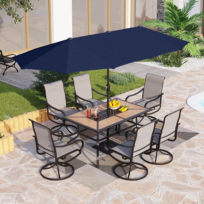 PHI VILLA Outdoor Patio Dining Set with Umbrella for 6 Person, Outdoor Swivel Dining Chairs & 1 Large Wooden-Like Top Table with 13ft Navy Blue Outdoor Umbrella(No Base) for Deck Lawn Garden Backyard