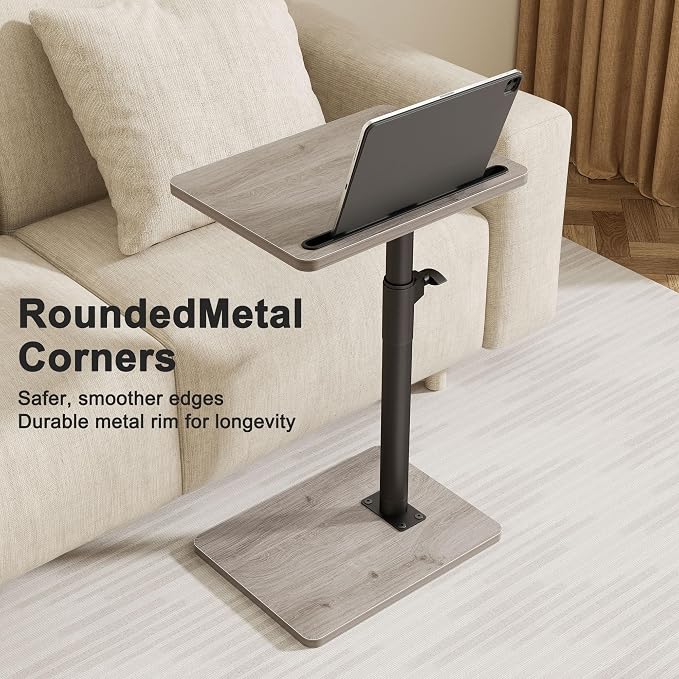 YUHFERA Sofa Armrest Tray Table for Couch - 360° Swivel Height Adjustable End for Small Spaces, Snack Side Table for Bed or Chair with Phone & Tablet Slot (Gray,Standard)