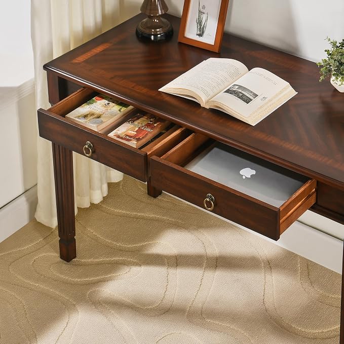 Large Computer Desk With 2 Storage Drawers, 46" Home Office Desks- , Elegant Wood Writing Desks with Carved Legs, Classic Vanity Dressing Table for Living Room, Easy Assembly, Caramel Brown BSZ-D1258