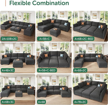HONBAY Modular Sectional Sofa Couch with Storage, Modern U Shaped Sectional Sofa, Convertible Sectional Couch for Living Room - Snowflake Velvet Grey