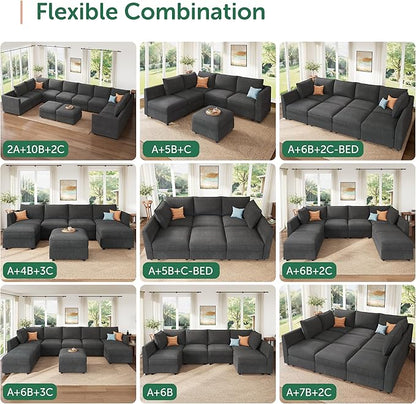 HONBAY Modular Sectional Sofa Sleeper Couch with Storage Modular Couch Convertible Couches for Living Room - Snowflake Velvet Grey