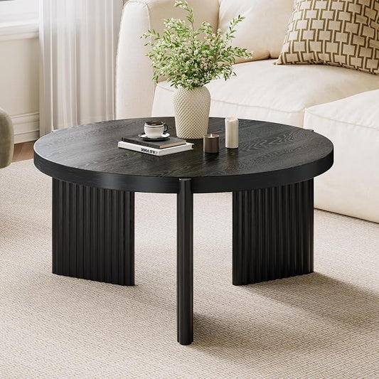 Luoxiao Round Coffee Table for Living Room, 31.5" Black Fluted Coffee Table | Modern Wood Accent Table with Ribbed Base, Sturdy for Family, Apartments, Sectionals, Easy Assembly, Non-Slip Foot Pads