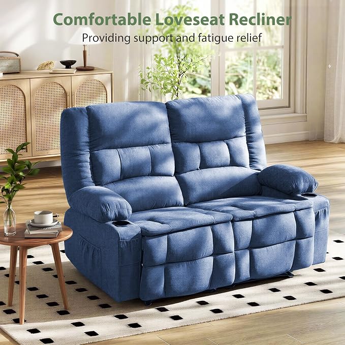 Loveseat Recliner Sofa, Wall Hugger Reclining Loveseat with Cup Holders & Storage Pockets, 150° Adjustable RV Couch, Traditional 2-Seat Reclining Couch for Living Room, RV, Home Theater, Blue