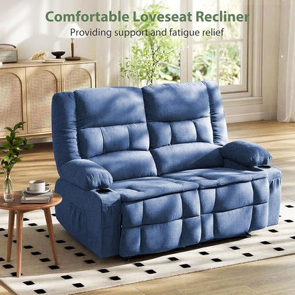 Loveseat Recliner Sofa, Wall Hugger Reclining Loveseat with Cup Holders & Storage Pockets, 150° Adjustable RV Couch, Traditional 2-Seat Reclining Couch for Living Room, RV, Home Theater, Blue