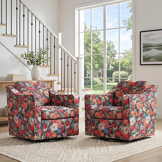 Swivel Accent Chair, Modern Round Barrel Arm Chair for Living Room, Bedroom, Comfy Club Reading Chairs for Adults (Black Floral, Set of 2)