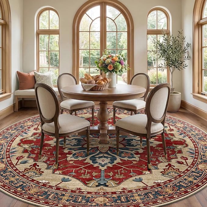 RELEANY Area Rugs Round 8ft Washable Non-Slip, Floral Vintage Distress Medallion Carpet for Living Room Bedroom Dining Room, Red Blue