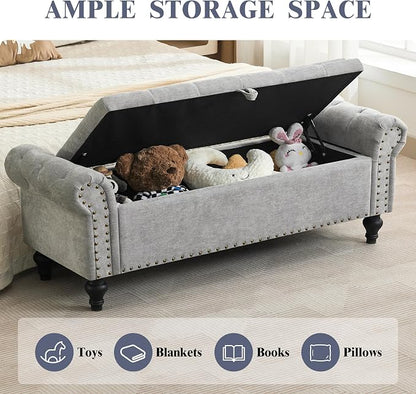 55" Storage Bench for Bedroom, Upholstered Ottoman Bench Chenille LightGray | End of Bed Bench for Bedroom, Window Benches for Living Room, Entryway, Ottoman with Large Storage Space, Pet Friendly