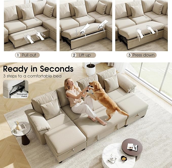 107.8" Modular Sectional Sleeper Sofa Bed, U Shaped 6 Seat Pull Out Couch with Storage Ottoman, Convertible Cloud Couch Bed, Sectional Couches for Living Room, Apartment (Sand)
