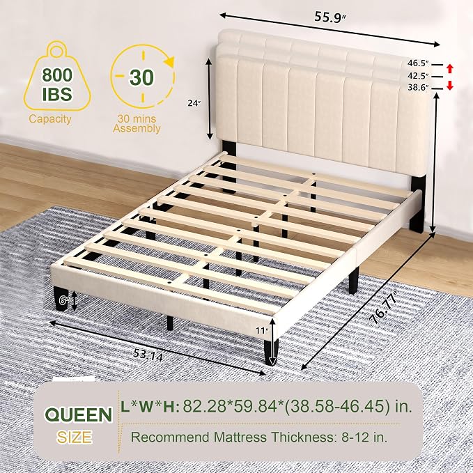 Queen Size Bed Frame with Headboard, Platform Bed with Soft Velvet Upholstered Headboard | Wooden Slats Support | Adjustable Height | No Box Spring Needed, Queen Bed Frame Beige