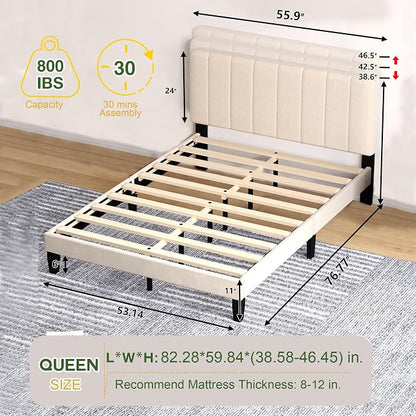 Queen Size Bed Frame with Headboard, Platform Bed with Soft Velvet Upholstered Headboard | Wooden Slats Support | Adjustable Height | No Box Spring Needed, Queen Bed Frame Beige