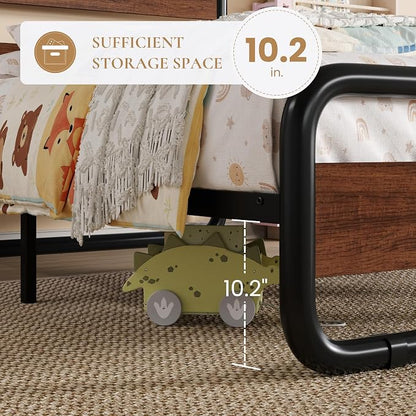 SHA CERLIN Twin Size Metal Bed Frame with Wooden Headboard and Footboard, Heavy Duty Oval-Shaped Platform Bed Frame with 10" Under-Bed Storage, Heavy Duty Slats Support, No Box Spring Needed, Walnut