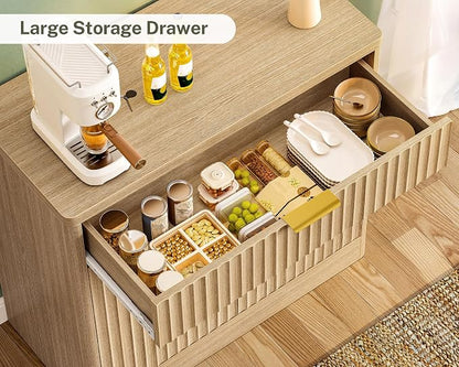 TEENFON 31.5" W Storage Cabinet with Drawer and Adjustable Shelf, Coffee Bar Cabinet, Fluted Sideboard Buffet Cabinet with 2 Doors for Living Room, Kitchen, Entryway, Natural