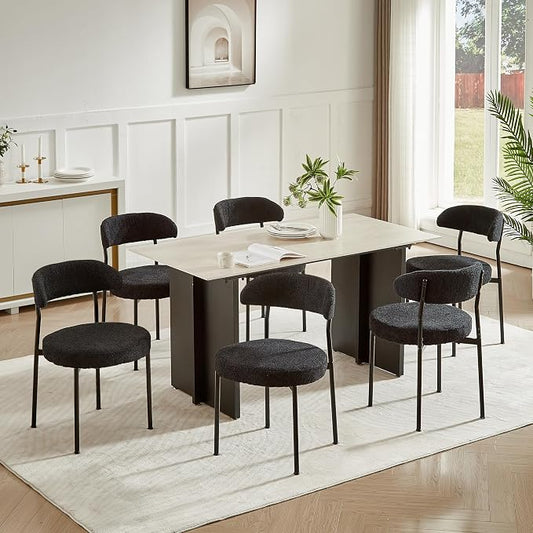 SoarFlash Dining Chairs, Black Boucle Dining Chairs Set of 6, Kitchen Dining Room Chairs Curved Backrest Upholstered Mid Century Modern Chairs with Black Metal Legs