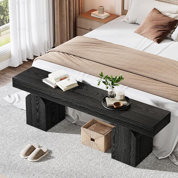 Tribesigns 59" Modern Entryway Bench, Black Wooden Shoe Bench with Arched Base, Sturdy End of Bed Bench for Entryway, Living Room & Bedroom