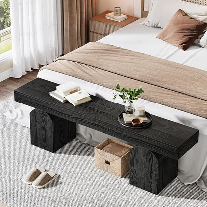 Tribesigns 59" Modern Entryway Bench, Black Wooden Shoe Bench with Arched Base, Sturdy End of Bed Bench for Entryway, Living Room & Bedroom