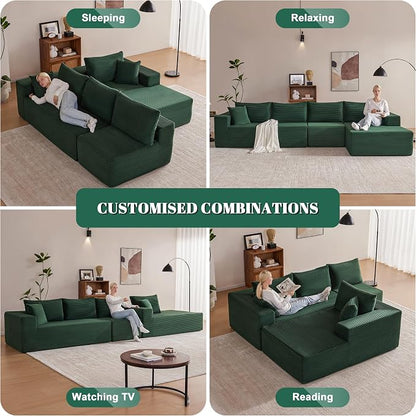 Mangodan 140” Cloud Sectional Couch, Boneless Sofa for Living Room, Modular Sectional Sofa with Deep Seat, Comfy Fluffy L-Shaped Couch with Right-Facing Chaise, No Assembly Required, Green