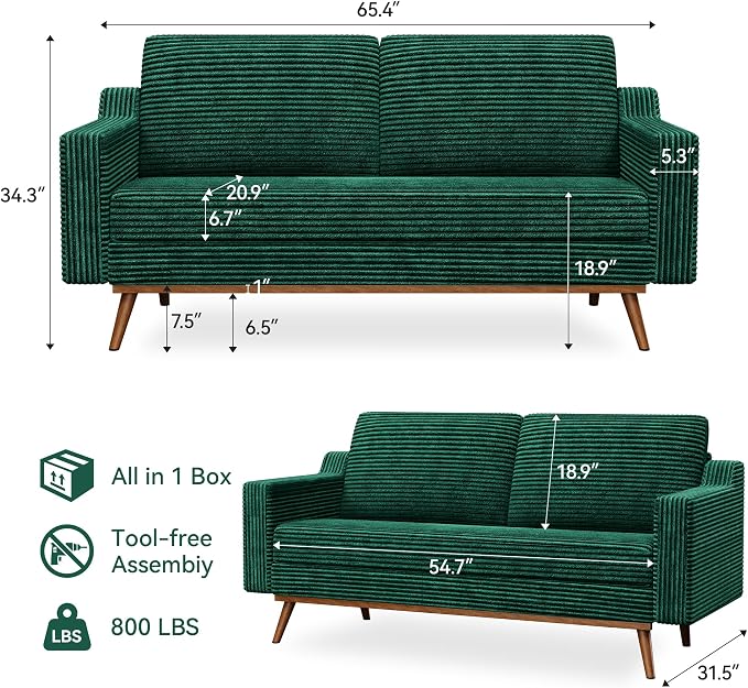65" Loveseat Sofa, Comfy Green Corduroy Couches for Living Room, Mid Century Modern Love Seat Sofa, Tool-Free Setup Small Couches for Bedroom Office