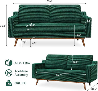 65" Loveseat Sofa, Comfy Green Corduroy Couches for Living Room, Mid Century Modern Love Seat Sofa, Tool-Free Setup Small Couches for Bedroom Office
