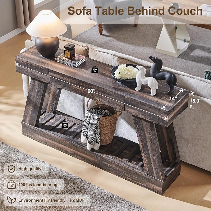 60" Farmhouse Entryway Table with Drawer, Entry Table with Storage, Sofa Table for Living Room, Behind Couch, Sofa(Dark Rustic Oak)