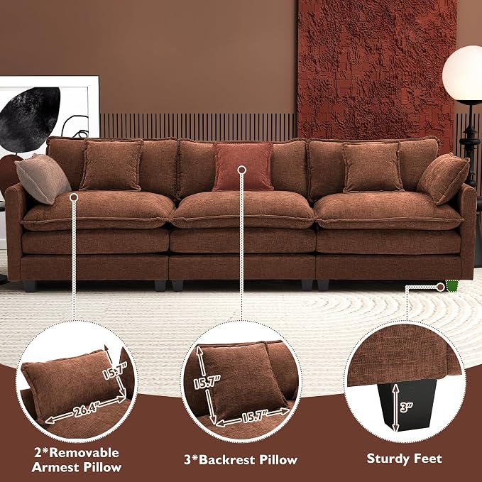 Ihanherry 111.4 Inch 3-Seater Cloud Sofa, Modular Sectional Couch, Modern Deep Seat Sofa for Living Room, Comfy Double Layer Upholstered Seat Cushion, Breathable Chenille Fabric, Brick Red