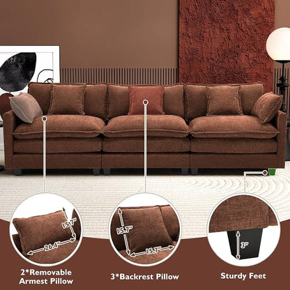 Ihanherry 111.4 Inch 3-Seater Cloud Sofa, Modular Sectional Couch, Modern Deep Seat Sofa for Living Room, Comfy Double Layer Upholstered Seat Cushion, Breathable Chenille Fabric, Brick Red