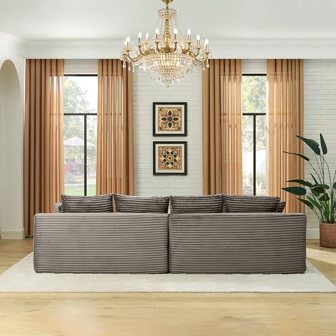 115" U-Shaped Cloud Sectional Couch, Modular Compressed Boneless Sectional Sofa W/Reversible Ottoman Chaise Lounge, Plush Corduroy Boneless Symmetrical Sofa for Living Room