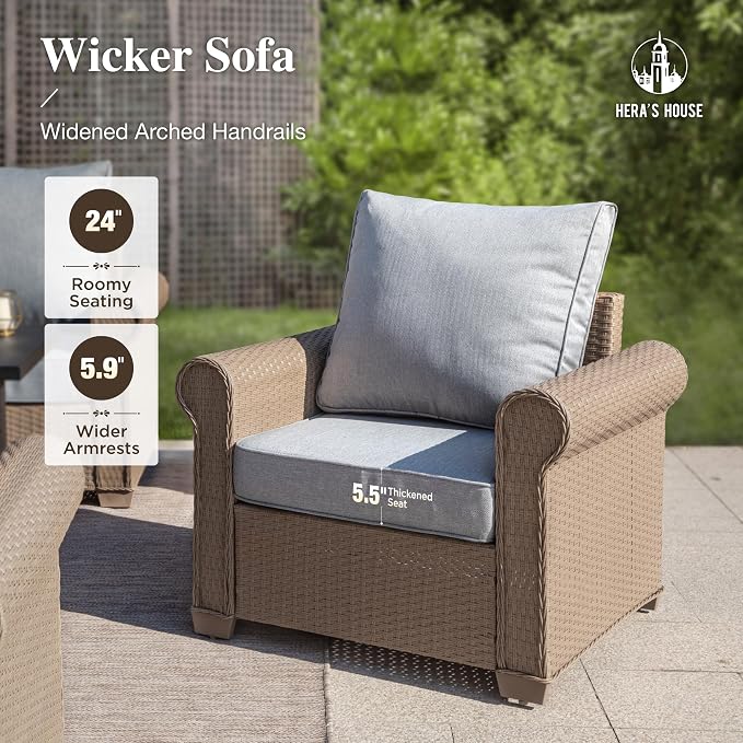 HERA'S HOUSE Patio Furniture Set, 4 x Cushioned Chairs, 3-Seat Sofa with Wood Grain Coffee Table, 5 Seats Luxury Windsor Style All Weahter Outdoor Sofa Conversation Set for Deck Lawn Backyard