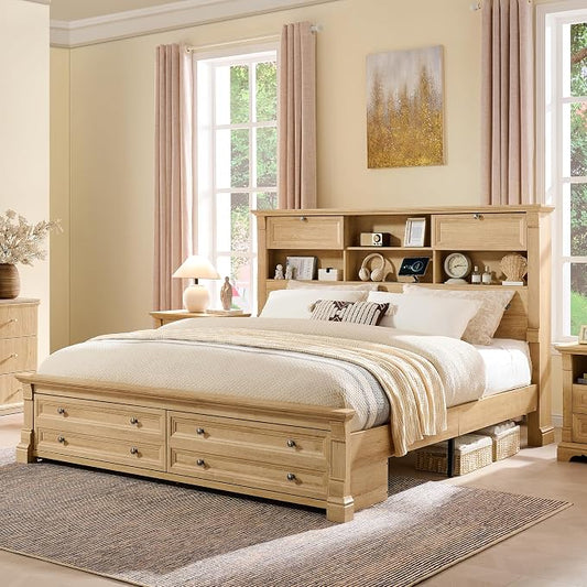 T4TREAM Farmhouse King Size Bed Frame with 54" Tall Storage Bookcase Headboard, 18" Roman Column Decoration Footboard,2 Drawer & 4 Storage Rack, Oak