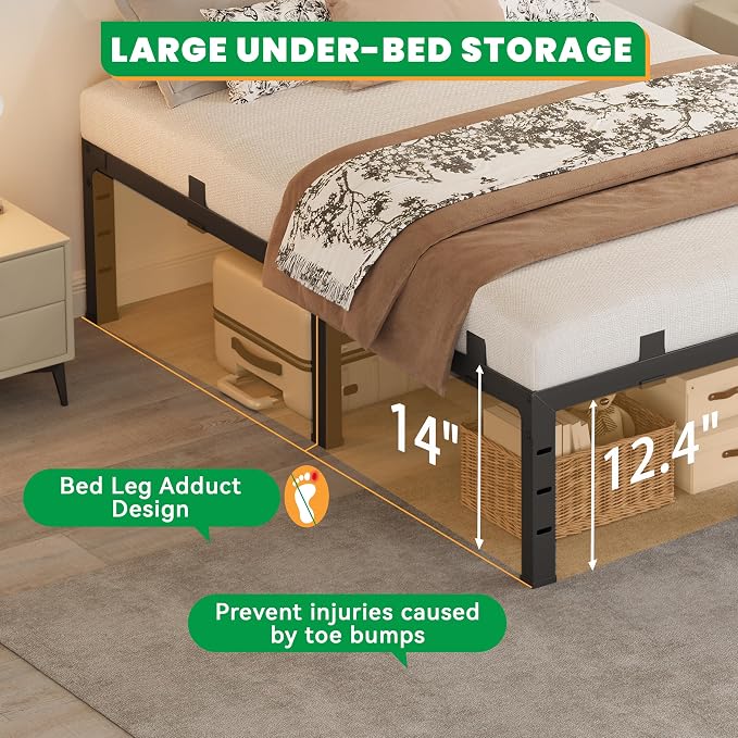 14 Inch King Size Bed Frames, Heavy Duty Metal King Platform 3500 lbs Capacity, No Box Spring Needed, 6 Mattress Slide Stopper, Headboard Holes, Noise-Free, Easy Assembly