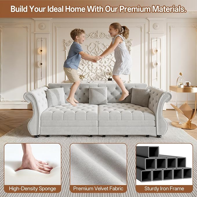 97.6" Oversized Pull Out Sofa Bed, Chesterfield Velvet Sleeper Sofa Couch with Roll Arm & Flower Tufting, Heavy Duty Metal Frame Convertible Sofa for Living Room, Apartment, Guest Room, Light