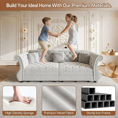 97.6" Oversized Pull Out Sofa Bed, Chesterfield Velvet Sleeper Sofa Couch with Roll Arm & Flower Tufting, Heavy Duty Metal Frame Convertible Sofa for Living Room, Apartment, Guest Room, Light