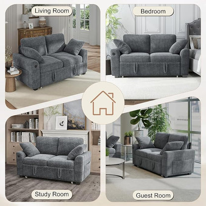 Hanherry 59" Loveseat Sofa with Pull Out Couch Bed, Corduroy 2-in-1 Convertible 2 Seater Sleeper Sofa with USB Charging,Comfy Love Seat for Small Spaces Living Room Apartment