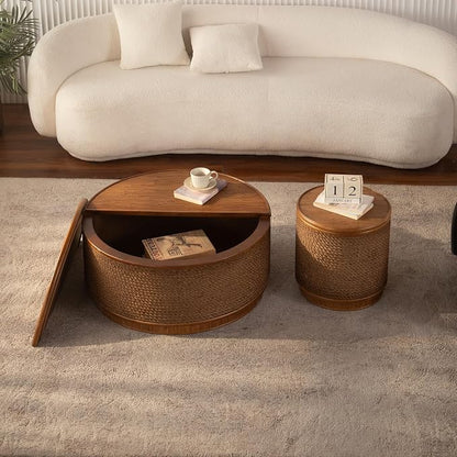Round Rattan Coffee Table Set of 2 with Lift-Off Lid Storage, Boho-Chic End Table with Hand-Woven Hemp Rope Trim for Living Rooms, Compact Spaces