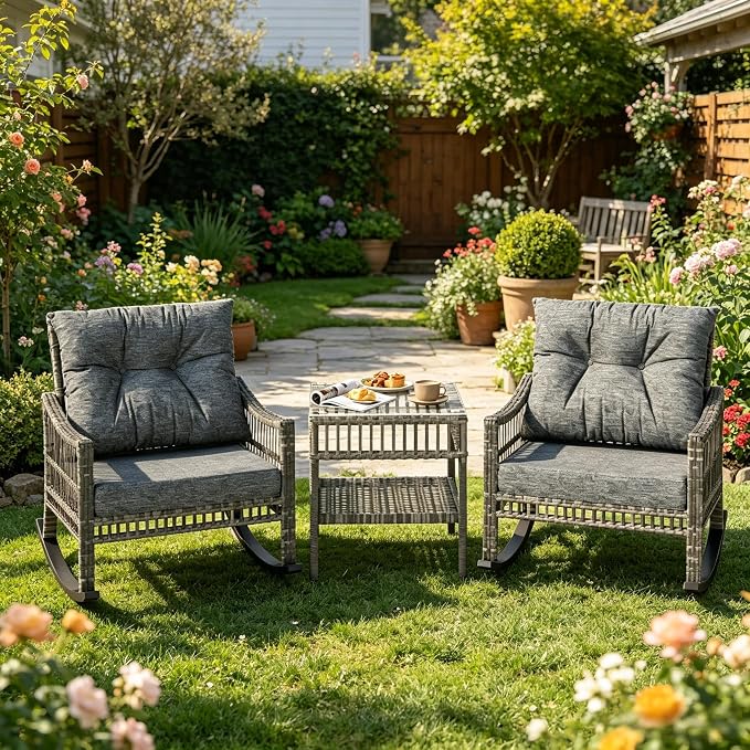 Patio Furniture Set, 3-Piece Wicker Rocking Chair & Coffee Table, Outdoor Conversation Set for Backyard, Small Patio, Porch