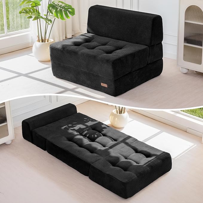 MAXYOYO 8" Folding Sofa Bed, Fold Out Chair Bed, Convertible Floor Sofa Couch, High-Density Foam Tufted Lounge Couch for Living Room Bedroom Dorm, Single, Black