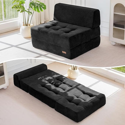 MAXYOYO 8" Folding Sofa Bed, Fold Out Chair Bed, Convertible Floor Sofa Couch, High-Density Foam Tufted Lounge Couch for Living Room Bedroom Dorm, Single, Black
