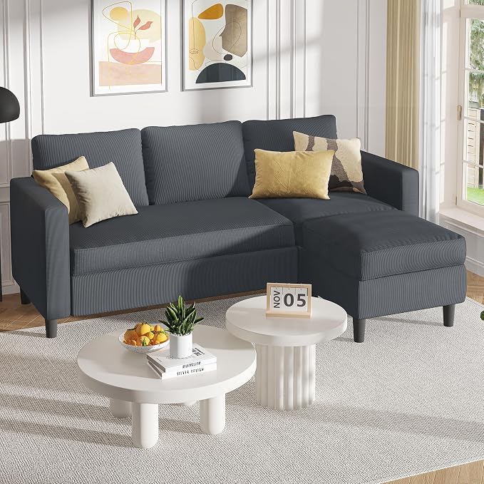 Shintenchi Modern Upholstered Sectional Sofa, L-Shaped Couch with Movable Ottoman and Reversible Chaise for Living Room, Dark Gray
