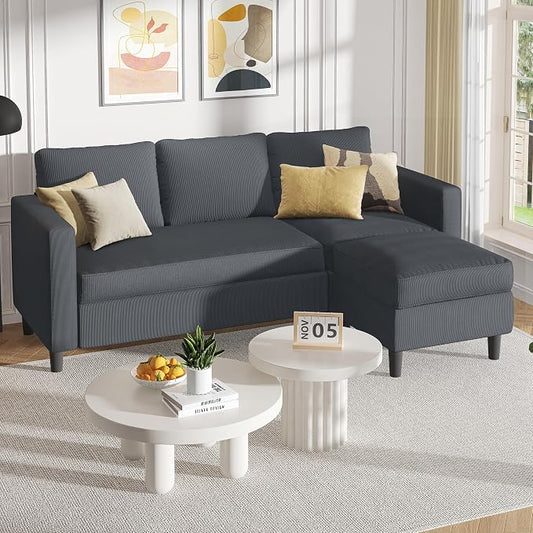 Shintenchi Modern Upholstered Sectional Sofa, L-Shaped Couch with Movable Ottoman and Reversible Chaise for Living Room, Dark Gray